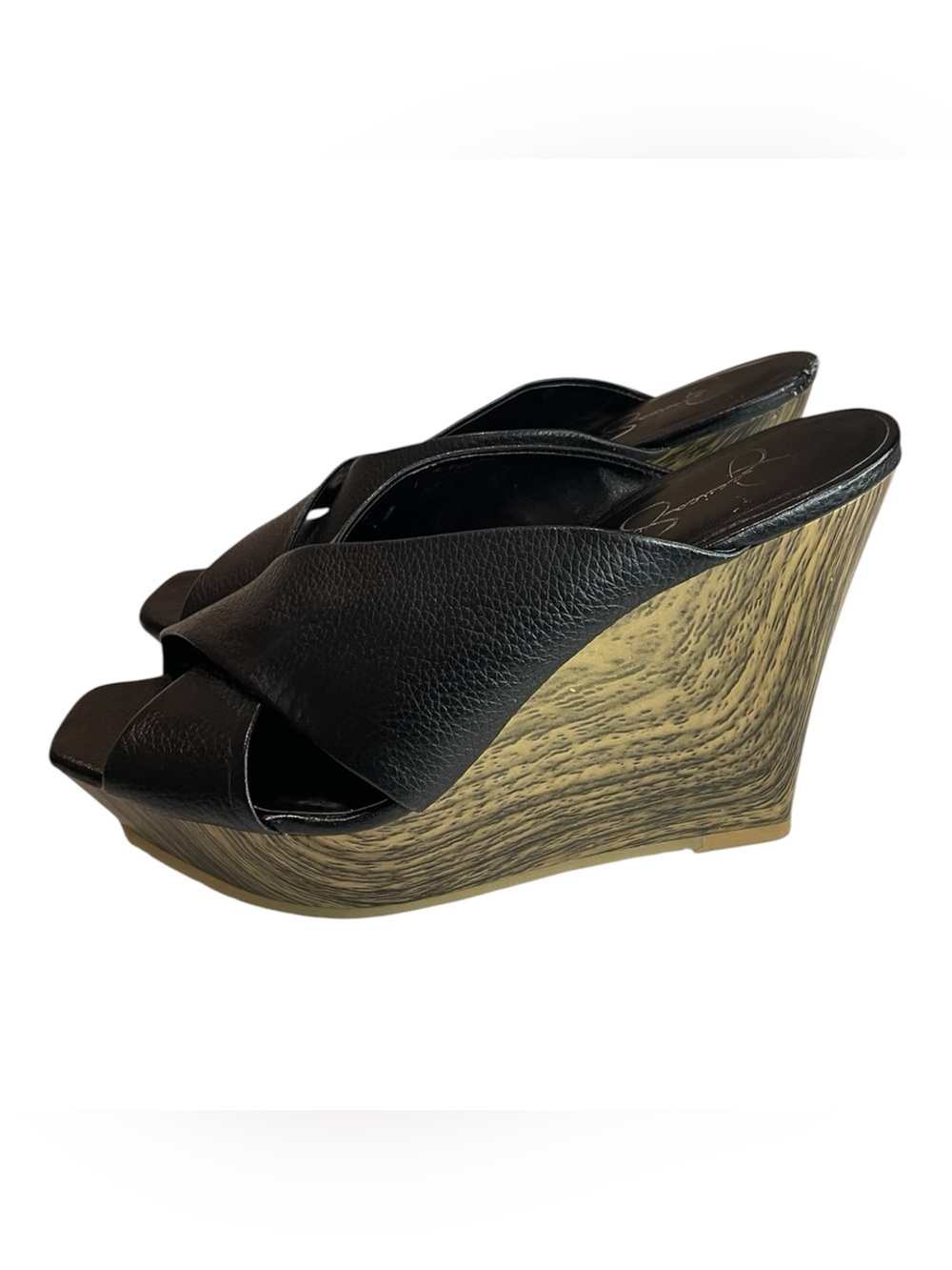 Jessica Simpson Black Crisscross Wedge Sandals with Wood-Effect Platform